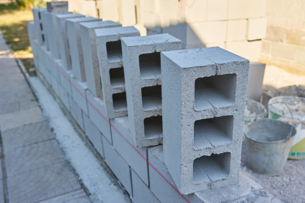 trabajador construye pared bloques cemento nuevo hogar, cemento, cemento gris, concreto